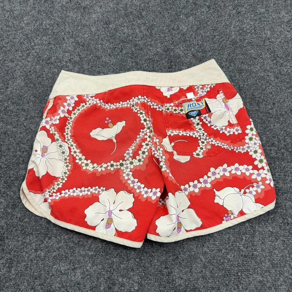 Vintage Roxy Boardshorts Womens 7 Red Hibiscus Floral Y2K Surf Beach Retro